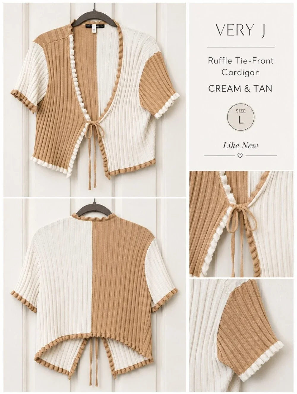 Tie-Front Rib Knit Cardigan | Cream Tan Ruffle Trim | L |Like New - Picture 6 of 10